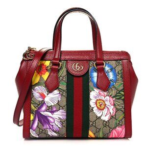 Gucci Ophidia Red Floral Small Tote Leather Canvas Flower Handbag Bag Italy NEW